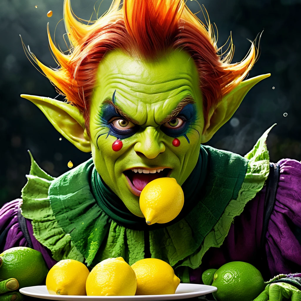 Lemon Eating Challenge, a fabulous green goblin in a clown costume with crazy eyes of a hypnotized character eats a juicy lemon, a goblin bites a lemon, the goblin is very sour and he wrinkles his face, emotions of eating sour, lemon juice flies in all directions, lemon splashes, autumn sour, emotions of eating sour, illustration, detail