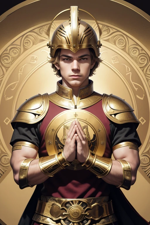 score_9,score_8_up,score_7_up, (making symbol of circle with hands together), highres, looking_at_viewer, Ross Lynch, tarot card, roman soldier in gold armor, gold chest plate, gold helmet, gold galea, gold background, front-facing, (circle hands, own hands together:1)