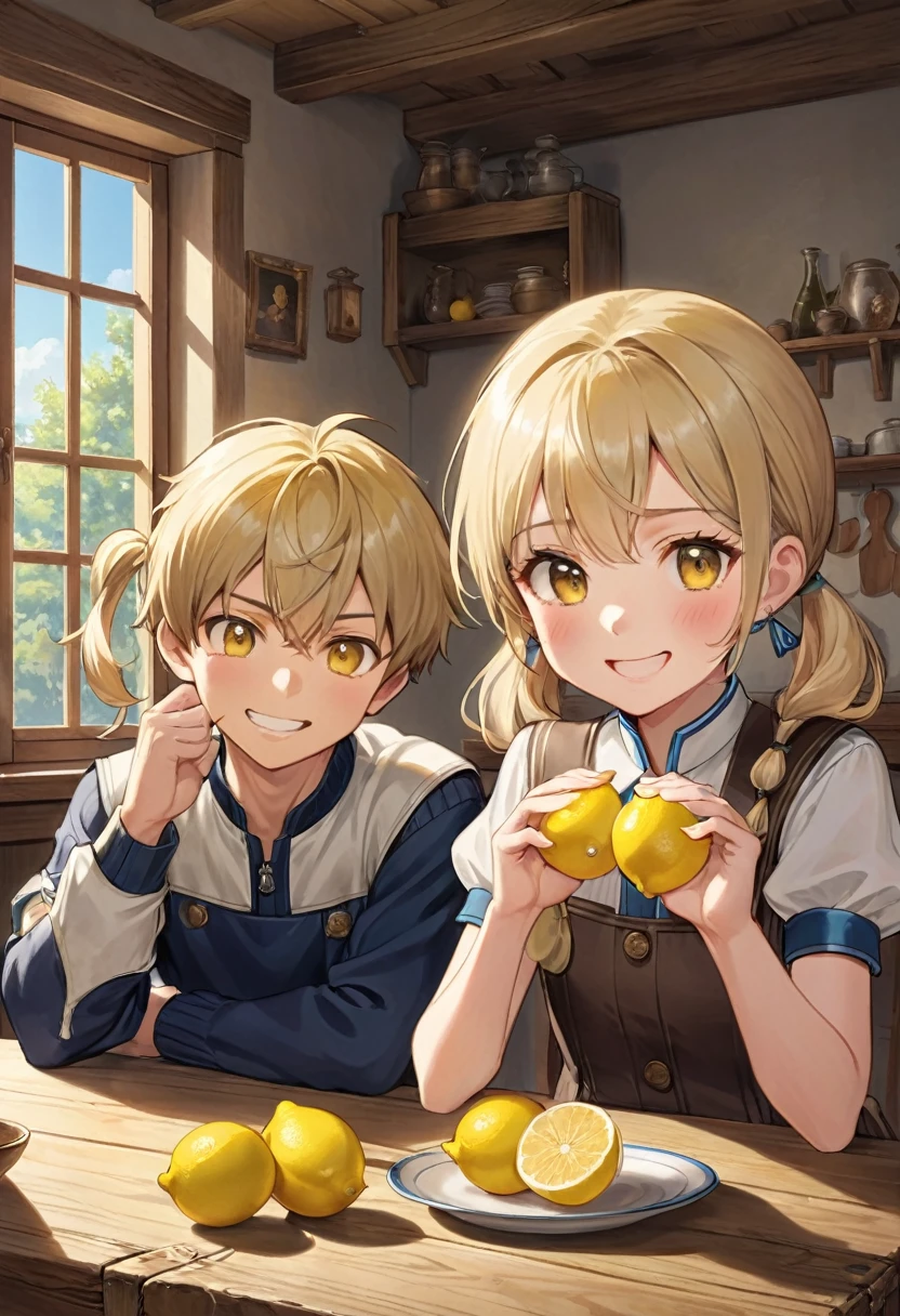 A whimsical scene unfolds: a girl and boy sit at a rustic wooden table, their faces lit by warm sunlight streaming through the window. The air is thick with anticipation as they participate in a lively lemon-eating competition. The girl's eyes sparkle with determination, her blonde pigtails bouncing with each enthusiastic nod. The boy, sporting a mischievous grin, holds his lemon slice at the ready, his messy brown hair adding to his playful demeanor. The tablecloth is a soft yellow, matching the bright citrus hue of the lemons, and the overall atmosphere is one of joyful camaraderie, (masterpiece, best quality, Professional, perfect composition, very aesthetic, absurdres, ultra-detailed, intricate details:1.3)