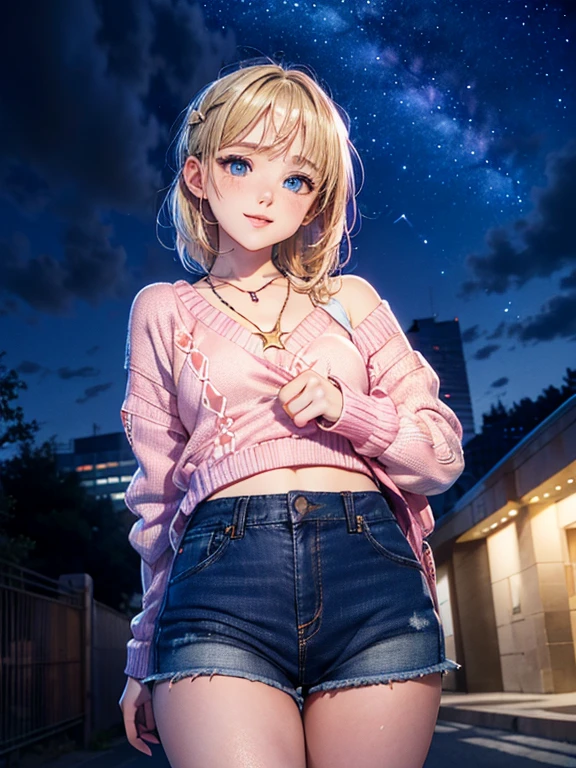 absurderes, ultra-detailliert,bright colour,(in 8K:1.3),masuter piece,extremely beautiful detailed face and eyes,8K,(Deep Blue Eyes:1.2),(Loose Size Pink Argyle Knit:1.4),(Short denim:1.2),Cute smile、Synchrosis Necklace、Stylish bracelets,Inside the boutique,(Full body:1.2)   X-Hair,Aurora、city light、constellation、Crescent,intergalactic,lamp post, Particles of light,  milkyway, natta, nigh sky, outside of house, planetes, Power lines, shooting stars,  Sky, Skyscraper, solo、Stargazing,Star_\(skyporn\)、starrysky、Winters、(Smooth straight blonde hair:1.3), (Shiny hair:1.2), Delicate beautiful face, red blush、