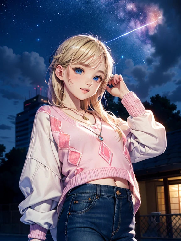 absurderes, ultra-detailliert,bright colour,(in 8K:1.3),masuter piece,extremely beautiful detailed face and eyes,8K,(Deep Blue Eyes:1.2),(Loose Size Pink Argyle Knit:1.4),(Short denim:1.2),Cute smile、Synchrosis Necklace、Stylish bracelets,Inside the boutique,(Full body:1.2) X-Hair,Aurora、city light、constellation、Crescent,intergalactic,lamp post, Particles of light, milkyway, natta, nigh sky, outside of house, planetes, Power lines, shooting stars, Sky, Skyscraper, solo、Stargazing,Star_\(skyporn\)、starrysky、Winters、(Smooth straight blonde hair:1.3), (Shiny hair:1.2), Delicate beautiful face, red blush、