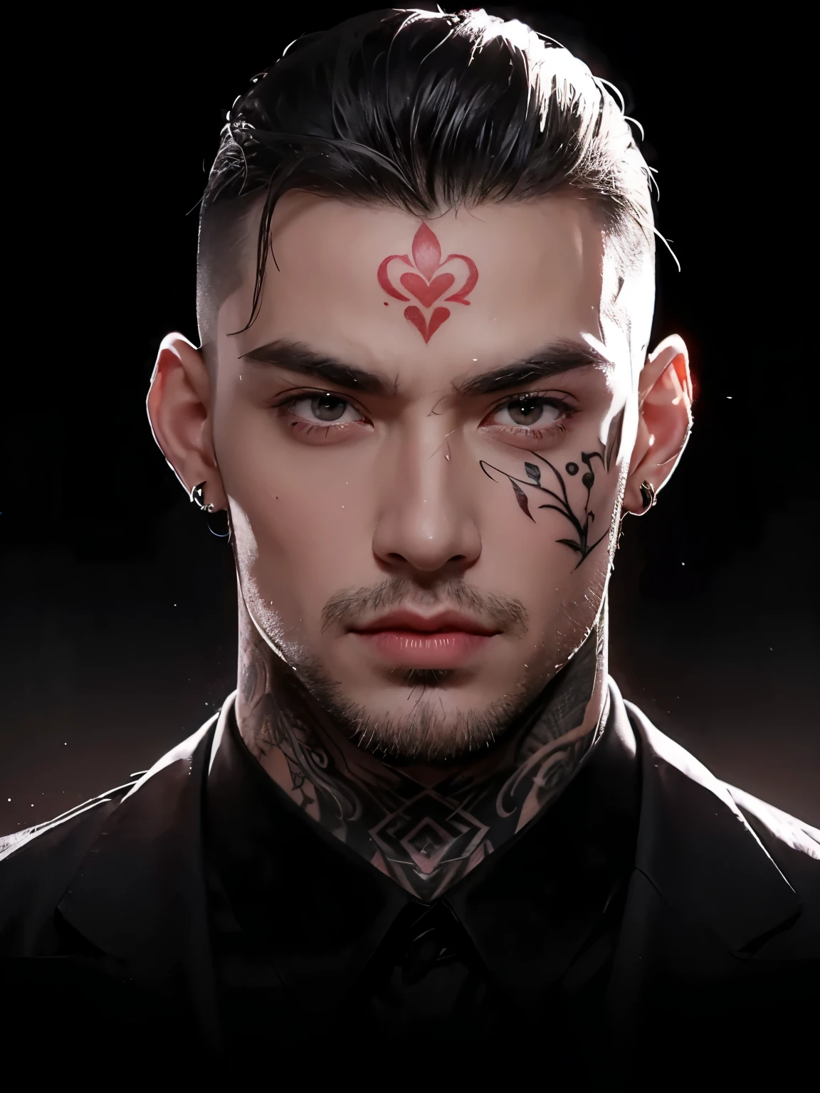 daddy, handsome male, muscular, tattooed, buzz cut, glaring, earrings, seductive, 8k, super detail, masterpiece, textured skin, super detail, best quality, 8k, realistic, superrealistic