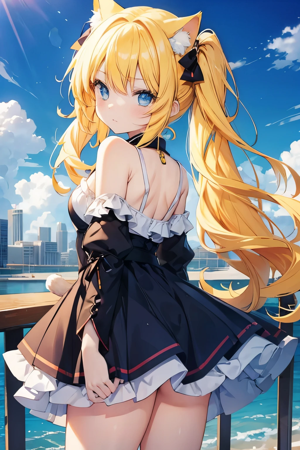 Anime cat girl with yellow hair and blue eyes