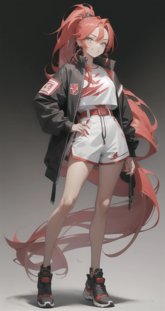 masterpiece, best quality, 1girl, red ponytail, long hair, oversized track jacket, shorts, jewelry, smile, simple background