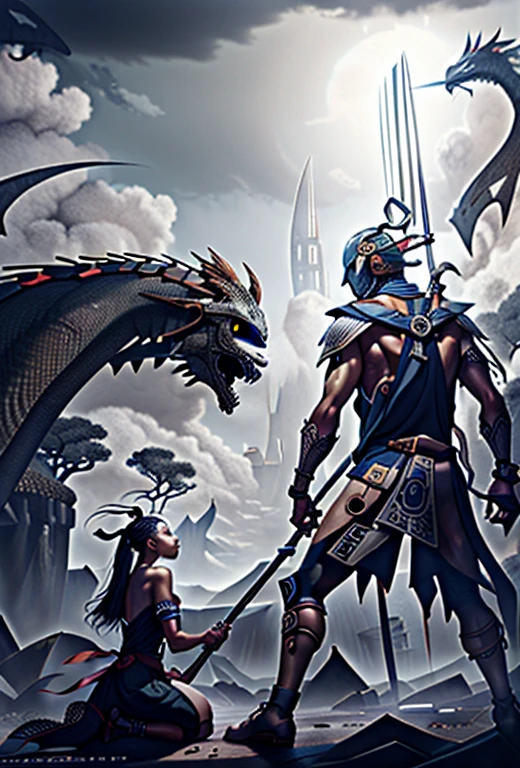 A grim reaper with a scythe, facing the viewer, surrounded by a protective dragon, high contrast, Yoshitaka Amano style, detailed, 8k, 4k, high quality, masterpiece:1.2, dark fantasy, dramatic lighting, cinematic, epic, moody, chiaroscuro, intricate details, hyper realistic, volumetric lighting, cinematic composition