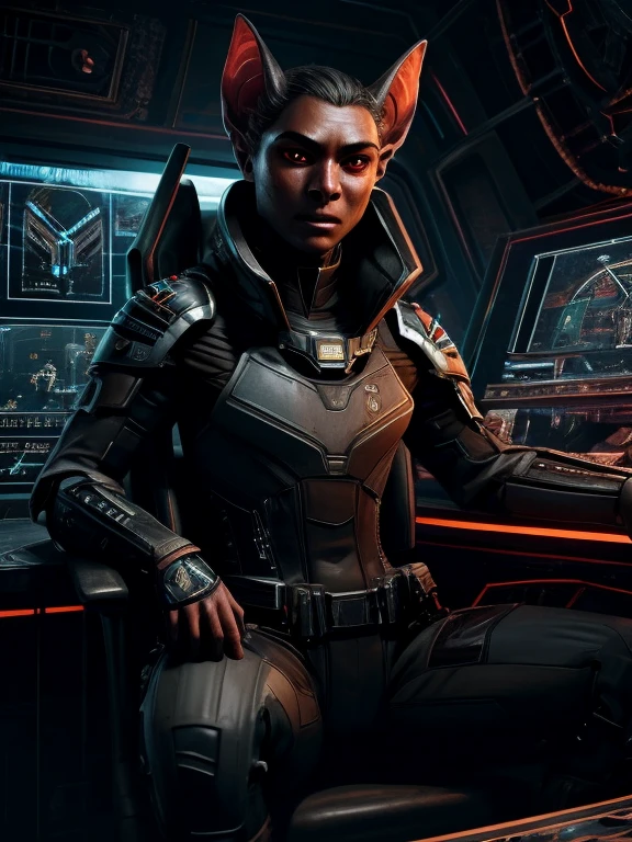 best quality, masterpiece, detailed, perfect face, cinematic, portrait, alien, anthropomorph bat, ((androgynous)), matte black high tech armor, red colored eyes with no iris, dark gray skin, serious expression, sitting in a commander chair, high tech spaceship command bridge background, dark evil environment, (art by Incase)