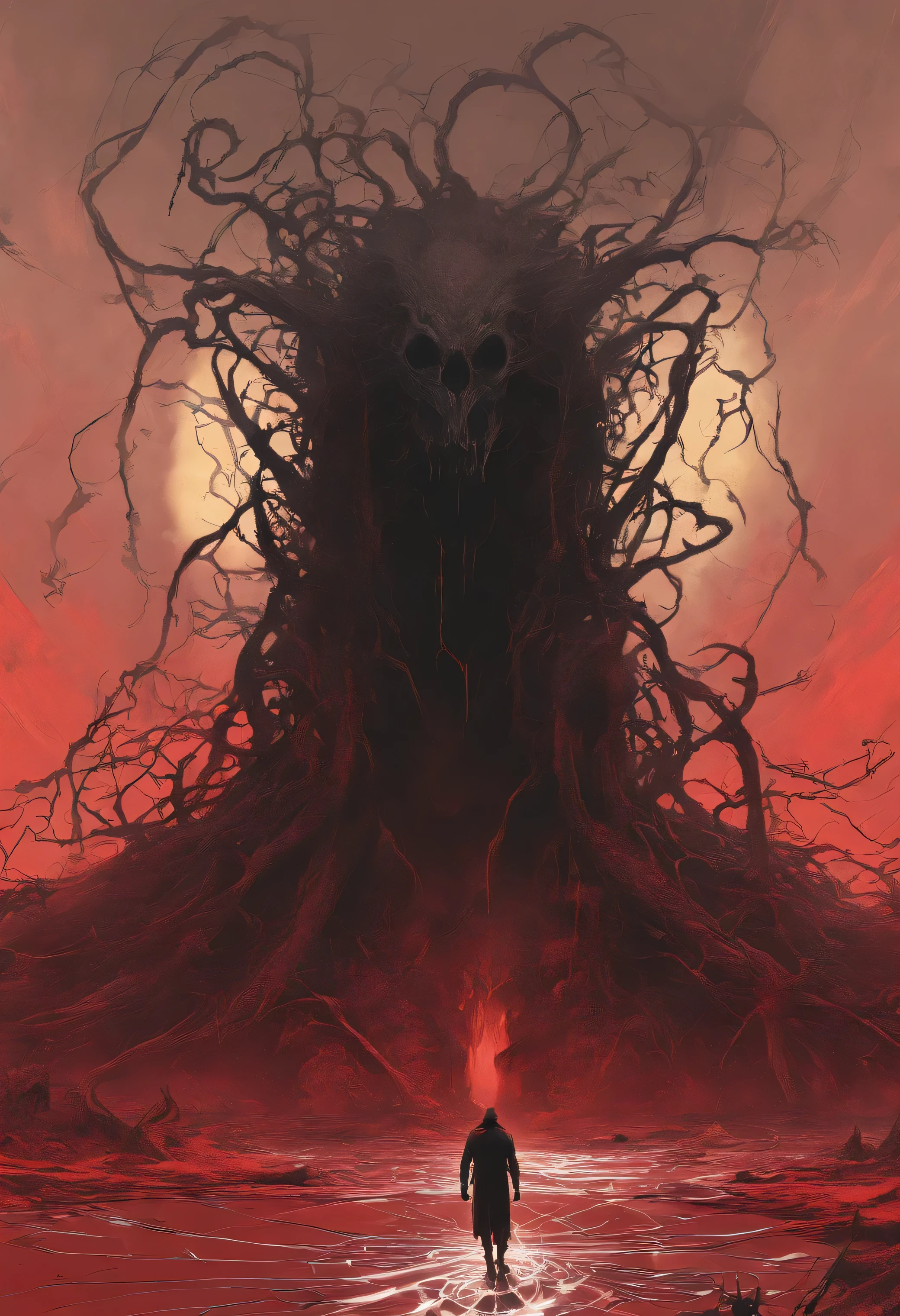 Venom Home, Venom Origins, Background Only, Spiders, Black Widow Spiders, author:Zdzislaw Beksinski和Van Gogh, album covers, Dark, surrealism, Futuristic ,Evil, coral, wizard, abstracted, Dark, Red, hell, landscape