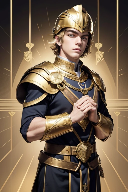 score_9,score_8_up,score_7_up, (making symbol of heart with hands together), highres, looking_at_viewer, Ross Lynch, tarot card, roman soldier in gold armor, gold chest plate, 
(gold helmet), gold galea, gold background, front-facing, (heart hands, own hands together:1)
