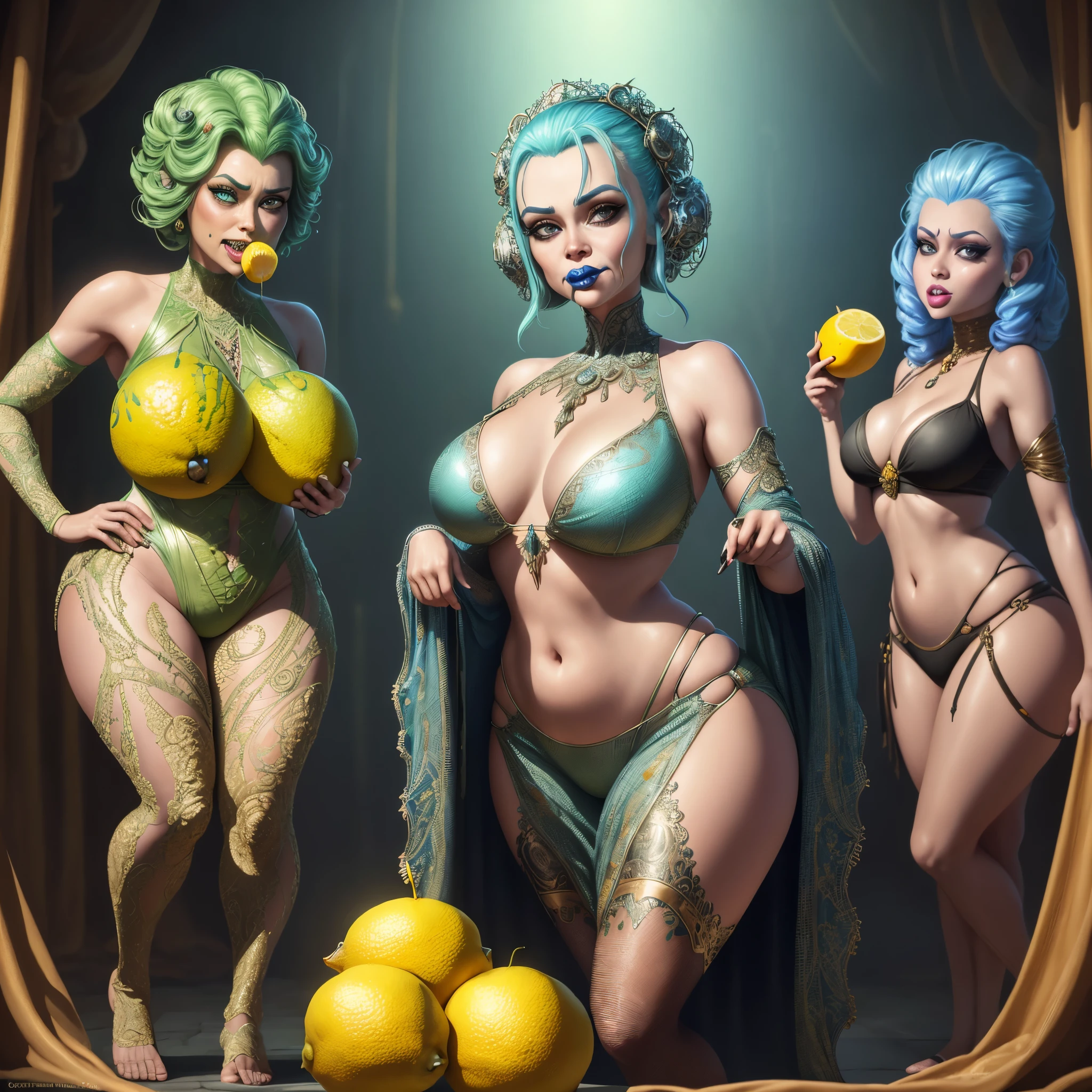 (horror, comedy) (lemon eating challenge) a young woman with beautiful detailed eyes, beautiful detailed lips, extremely detailed eyes and face, long eyelashes, another young woman with beautiful detailed eyes, beautiful detailed lips, extremely detailed eyes and face, long eyelashes, both women in sexy metallic sci-fi bikinis, unhappy expressions(they have just eaten a lemon, mouth puckered) , Jabba the Hutt chuckling and filming, 8k, high quality, photorealistic, cinematic lighting, dramatic colors, science fiction, fantasy, digital painting (show her full body)