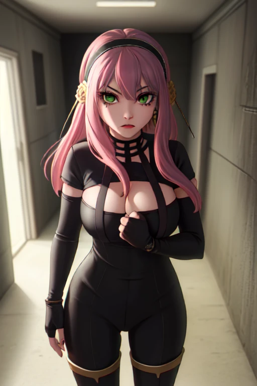1girl, solo, masterpiece, best quality, combination of Anya Forger and Yor Forger, pink hair, green eyes, intricate details of Yor Forgers face, mature female, matured face, silver earrings, looking at viewer, long hair with long locks, sidelocks, hair ornament, hairband, medium breasts, hourglass figure, tight black bodysuit, cleavage, silver utility belt, black fingerless gloves, black thigh boots, standing, she's looking directly at the viewer with a (fierce, dangerous and alluring) gaze. (Background: Indoors, interior of a bunker, concrete hallways, steel pipes in the surroundings), (Best Quality, Amazing Detail:1.25)