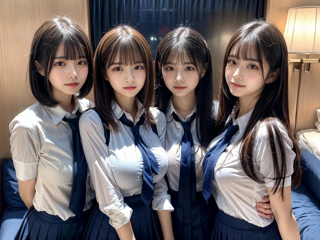 (8K, Raw photography, top-quality, masterpiece:1.2), ((3 beatiful girls))、.(Realistic Skins 1.4)、(((female high-school student、School Uniforms、)))、{{(The background is a luxury hotel room}}((School Uniforms、white Cutter shirt、darkblue pleatedskirt))、((long hair))、((One has short hair)),(A dark-haired、The forehead is hidden by bangs、)、Black eyes、shinny skin.Beautiful delicate face、Beautiful delicate eyes、{Voluptuous body shape、Thicker thighs}、One piercing in each ear,((large breasts)), ((navy blue tie)) ,looking at camera, ((close up))