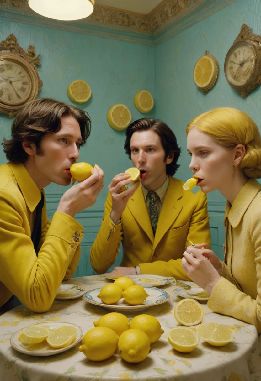 people Eating Lemon, Challenge, by Wes Anderson, best quality, masterpiece, very aesthetic, perfect composition, intricate details, ultra-detailed