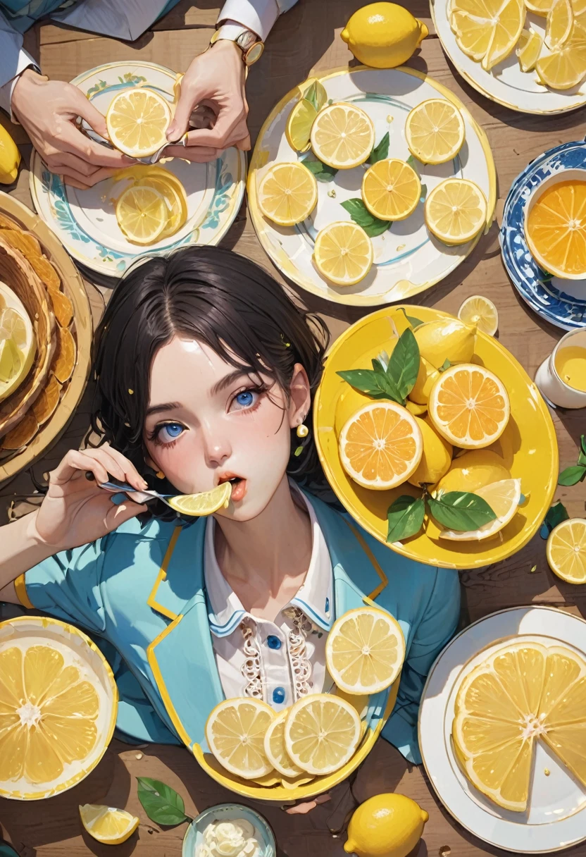 people Eating Lemon, Challenge, by Wes Anderson, best quality, masterpiece, very aesthetic, perfect composition, intricate details, ultra-detailed