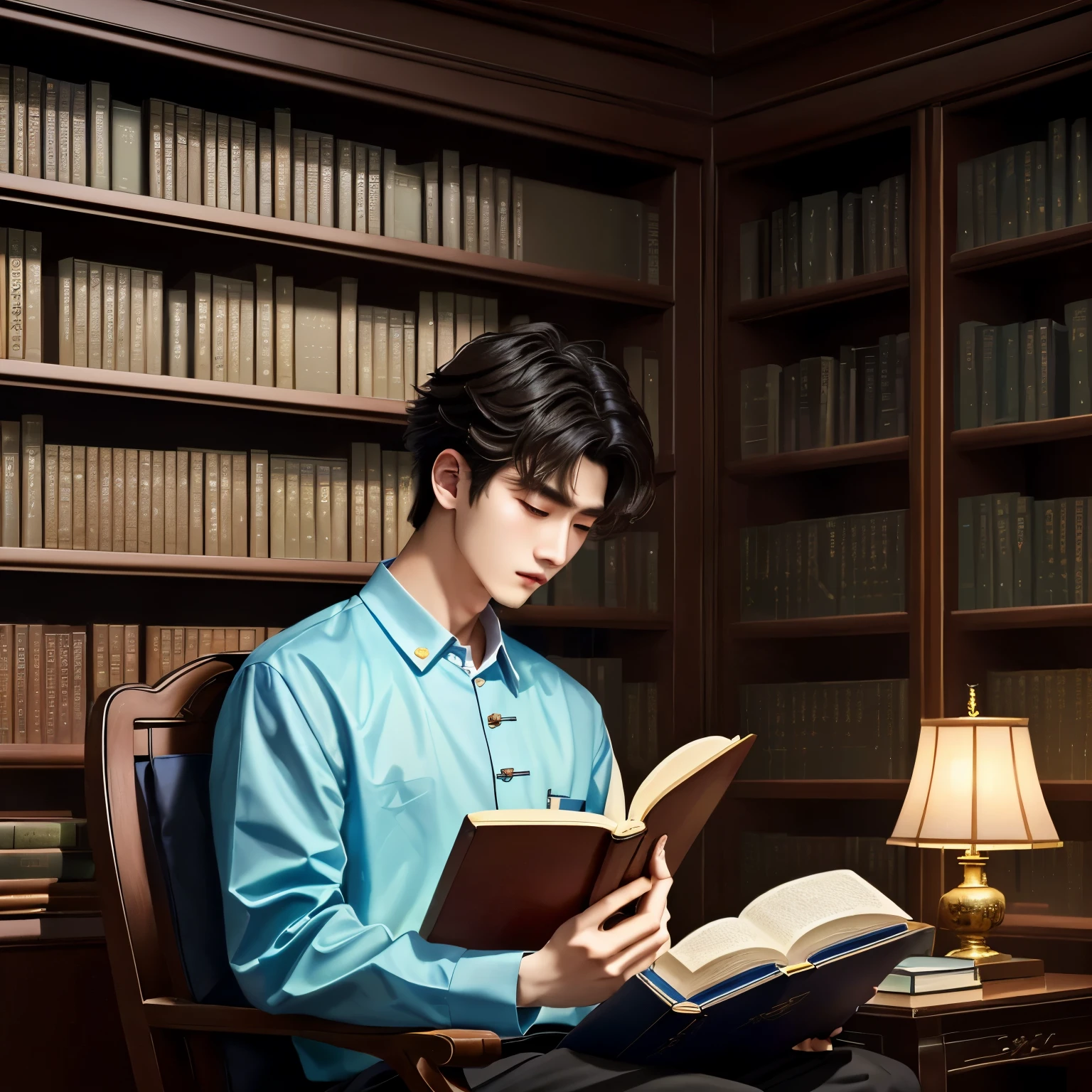 A boy reading in a library with many books, cai xukun, yanjun chengt, Xision Wu, xintong chen, Paint Ulzan, Inspired by Bian Shoumin, Li Zixin, wenjun lin, with science book, Sakimichan, Inspired by Zhang Han, light academic aesthetics