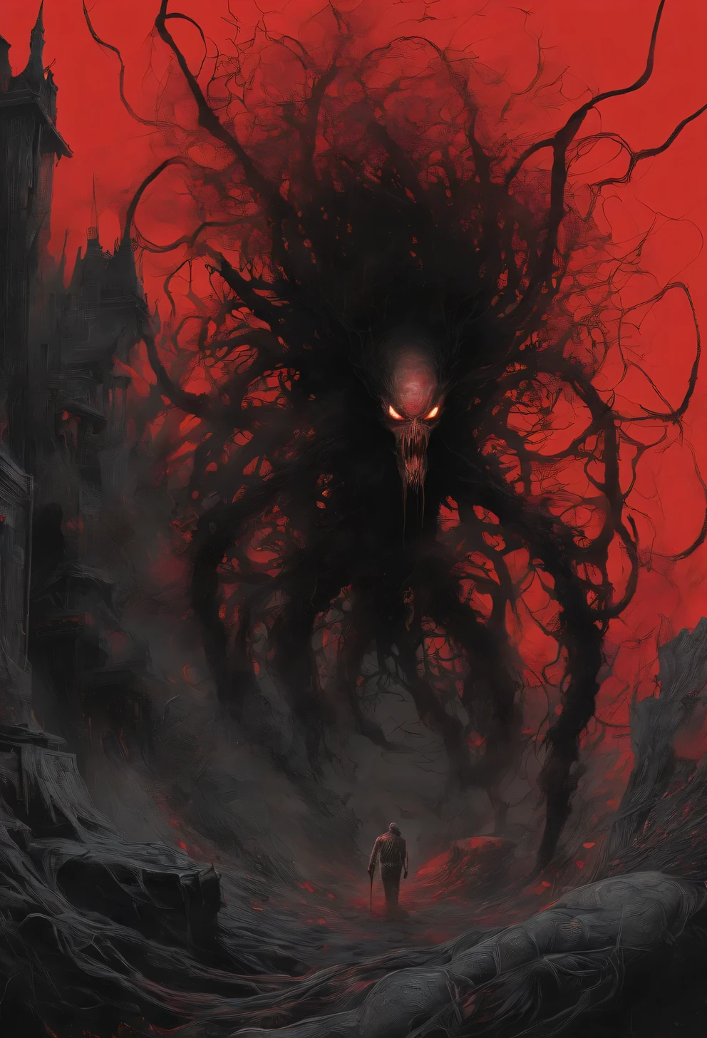 Venom Home, Venom Origins, Background Only, Spiders, Black Widow Spiders, author：Zdzislaw Beksinski和Van Gogh, album covers, Dark, surrealism, Futuristic ,Evil, coral, wizard, abstracted, Dark, Red, hell, landscape