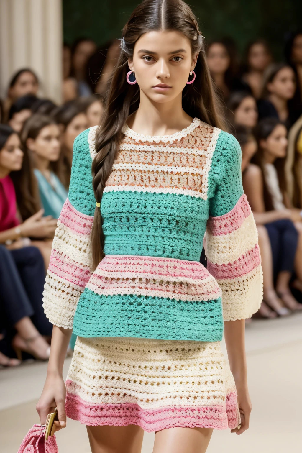 mulher branca, long hair up to the brunette waist, wearing crochet clothes inspired by summer fun,Miumiu Collection,roupa colorida,spring collection, Milan Fashion Week, MFW, NYFW, corpo todo, Feliz, arquetipo criativa, olhando para camera, Relaxed, observando o mar