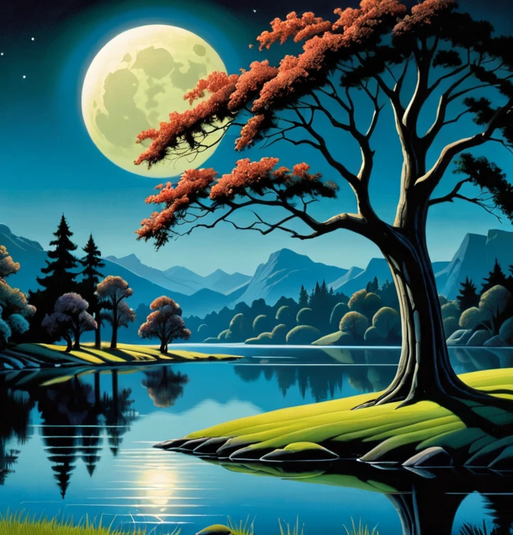 painting of a tree and a lake with a full moon, digital painting by Eivind Earle, CG Society Competition Winner, magical realism, decorations, The art of scenery in detail, Bruce Timm and Vladimir Kush, Kenton Nelson, and McFarlin, nature painting, beautiful artwork illustration, landscape art, детальные decorations — ширина 672, Calm scene