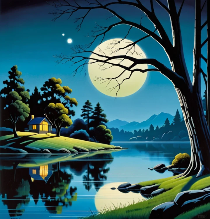 painting of a tree and a lake with a full moon, digital painting by Eivind Earle, CG Society Competition Winner, magical realism, decorations, The art of scenery in detail, Bruce Timm and Vladimir Kush, Kenton Nelson, and McFarlin, nature painting, beautiful artwork illustration, landscape art, детальные decorations — ширина 672, Calm scene