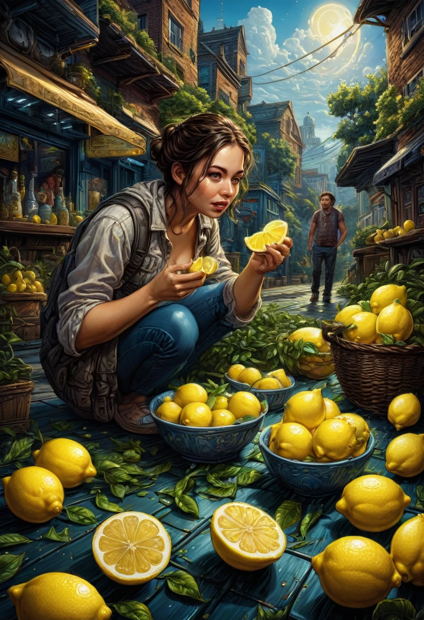 people Eating Lemon, Challenge, by dan mumford, best quality, masterpiece, very aesthetic, perfect composition, intricate details, ultra-detailed