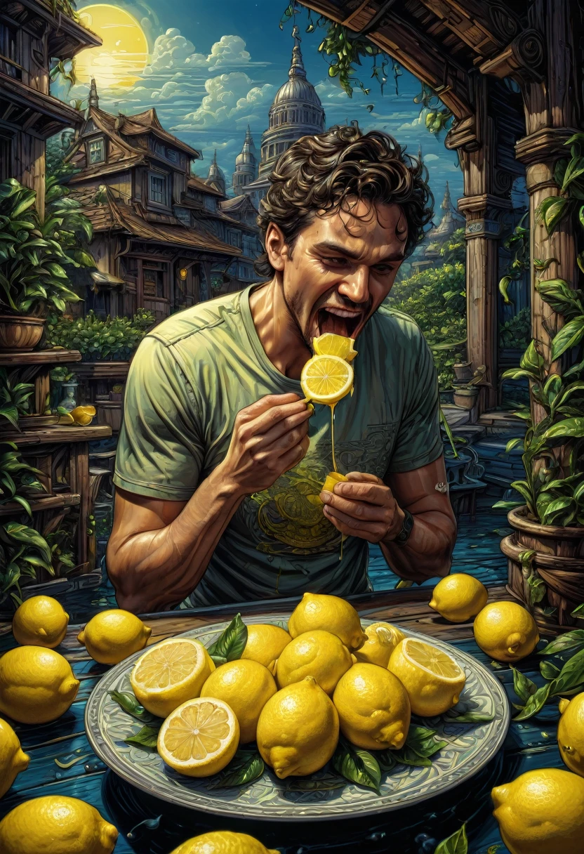 people Eating Lemon, Challenge, by dan mumford, best quality, masterpiece, very aesthetic, perfect composition, intricate details, ultra-detailed