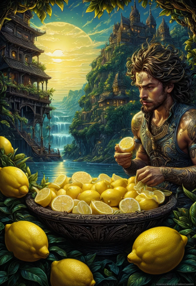 people Eating Lemon, Challenge, by dan mumford, best quality, masterpiece, very aesthetic, perfect composition, intricate details, ultra-detailed