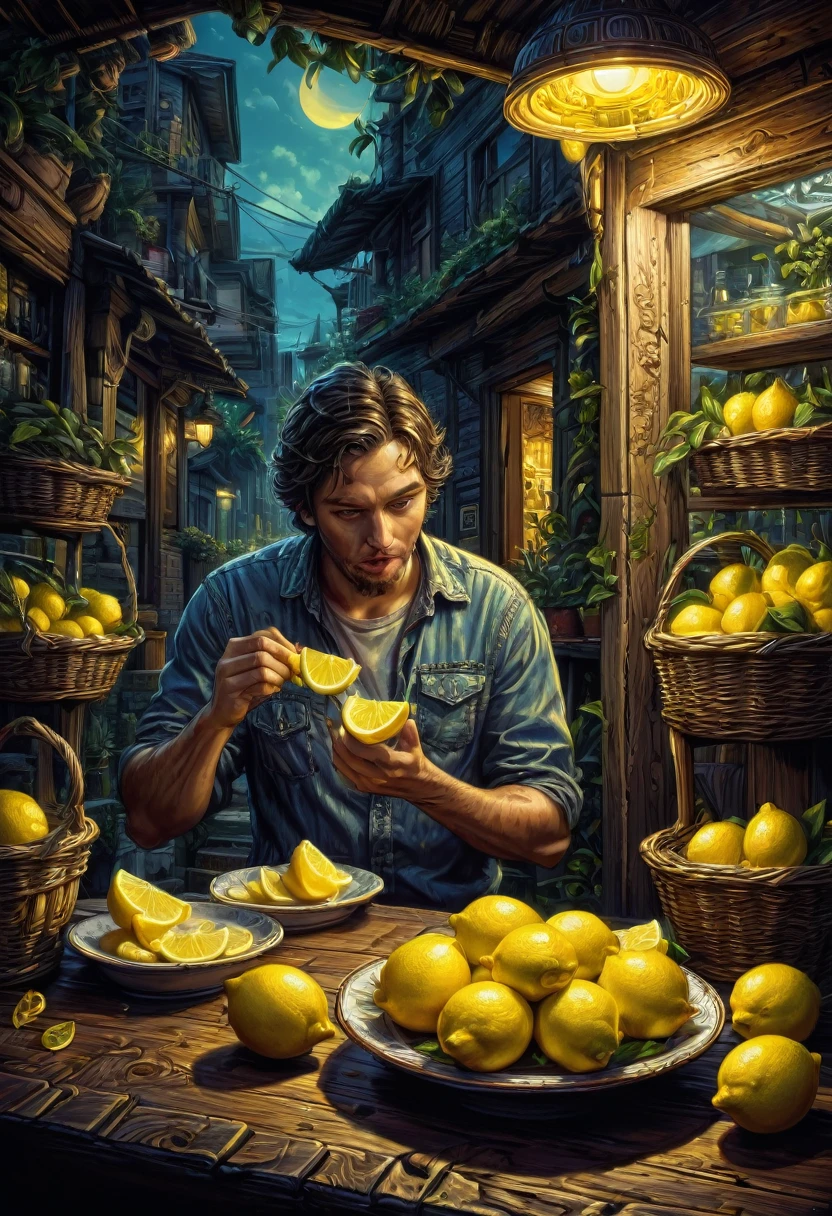 people Eating Lemon, Challenge, by dan mumford, best quality, masterpiece, very aesthetic, perfect composition, intricate details, ultra-detailed