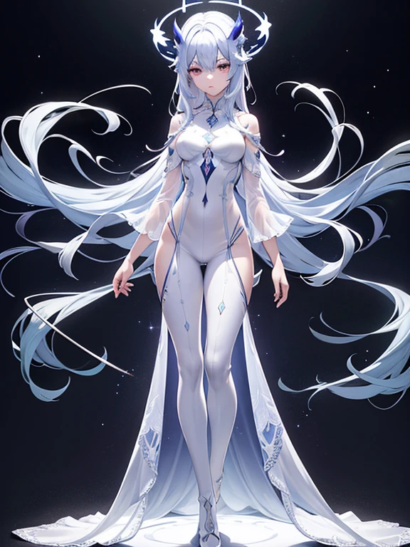 Masterpiece, a beautiful void goddess, full body white transparent clothes standing under empty night stars, disappearing transparent pants, full body standing, tall figure, slender legs, facial details, detailed body part details, 8k wallpaper