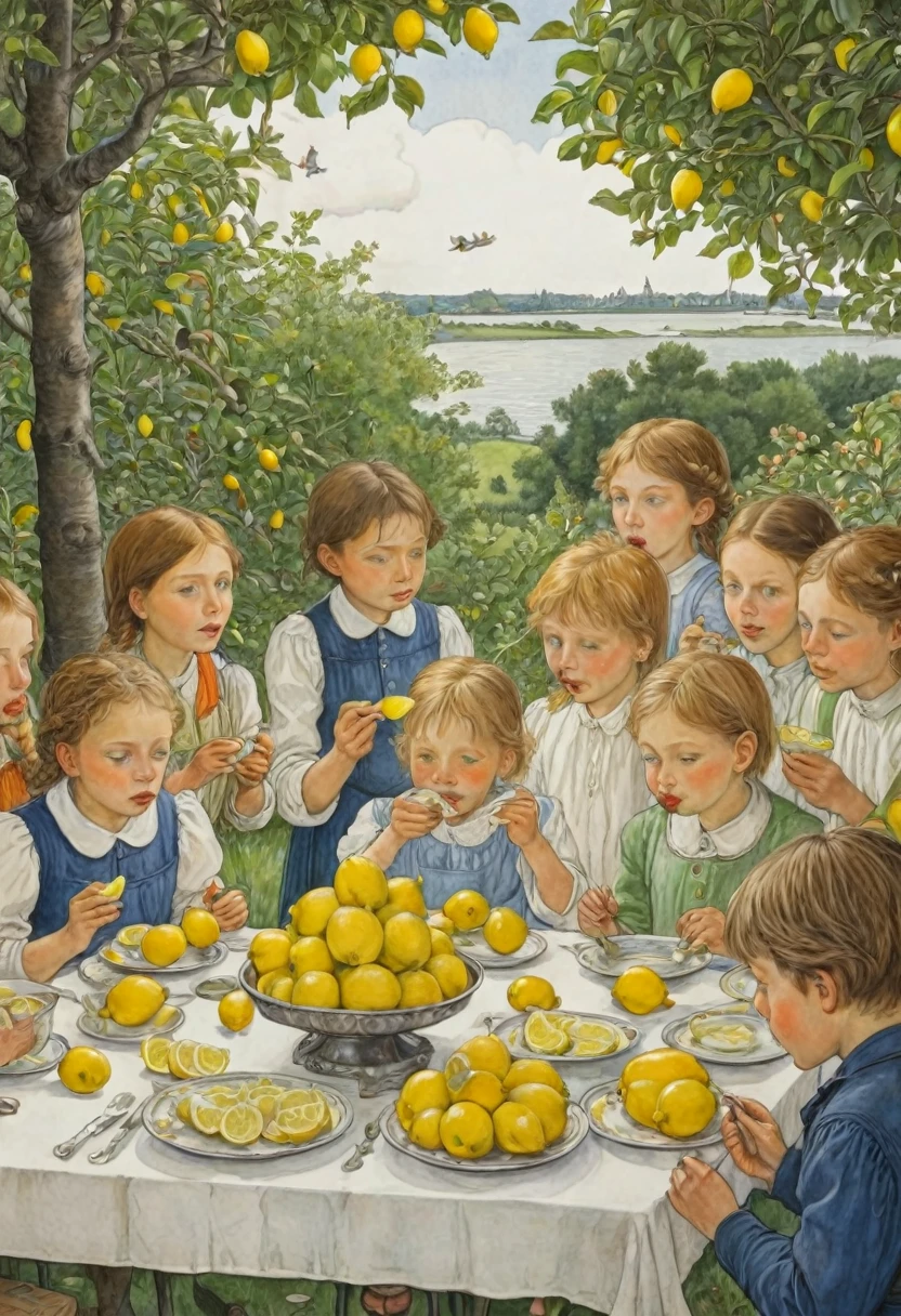 people Eating Lemon, Challenge, by Elsa Beskow, best quality, masterpiece, very aesthetic, perfect composition, intricate details, ultra-detailed