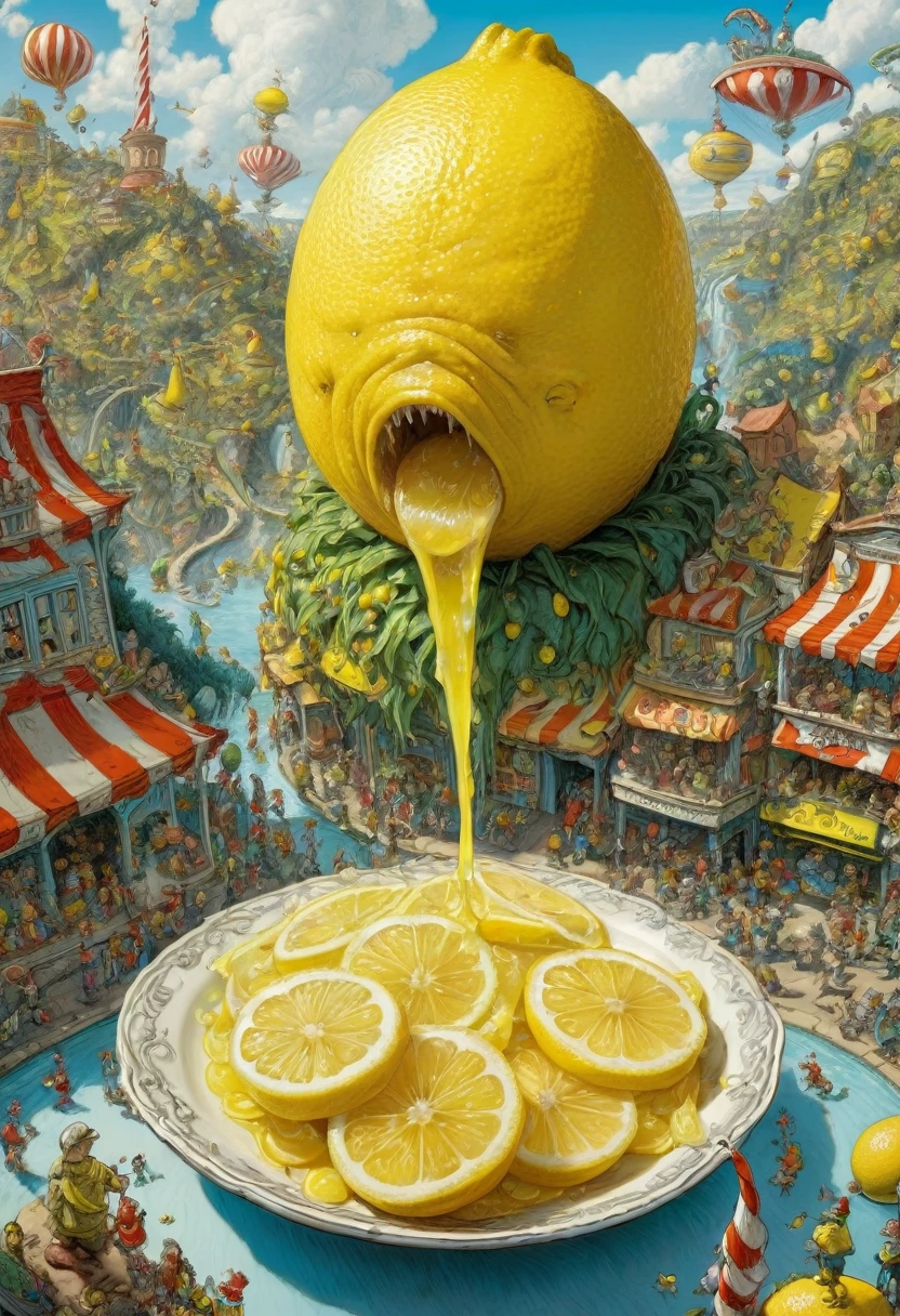 people Eating Lemon, Challenge, by dr seuss, best quality, masterpiece, very aesthetic, perfect composition, intricate details, ultra-detailed