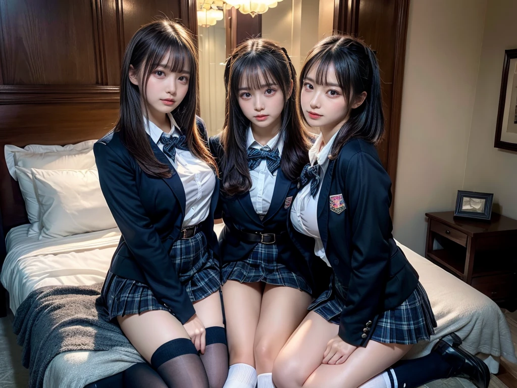 (8K, Raw photography, top-quality, ​masterpiece:1.2), master piece, best quality, illustration, Super detailed, fine details, High resolution, 8K,wall paper, perfect dynamic composition,(Details High quality, realistic depiction of eyes:1.3), ((2 girls, 2 schoolgirls)), The background is a luxury hotel room、High school girl uniform、blazer 、Super Short Check Uniform Skirt、Navy blue high socks、garterbelts、Colossal tits、Disturbed uniform, Play with each other,Touching each other's bodies,Touching the body of the girl next door, short bob hair, black hair color, huge breasts, Big Natural Color Lip, bold sexy pose, (perfect body shape), crying a little、cold gaze,  Beautiful makeup,glitter makeup,Cutest 18 years old, beautiful legs, hposing Gravure Idol, Voluptuous thighs