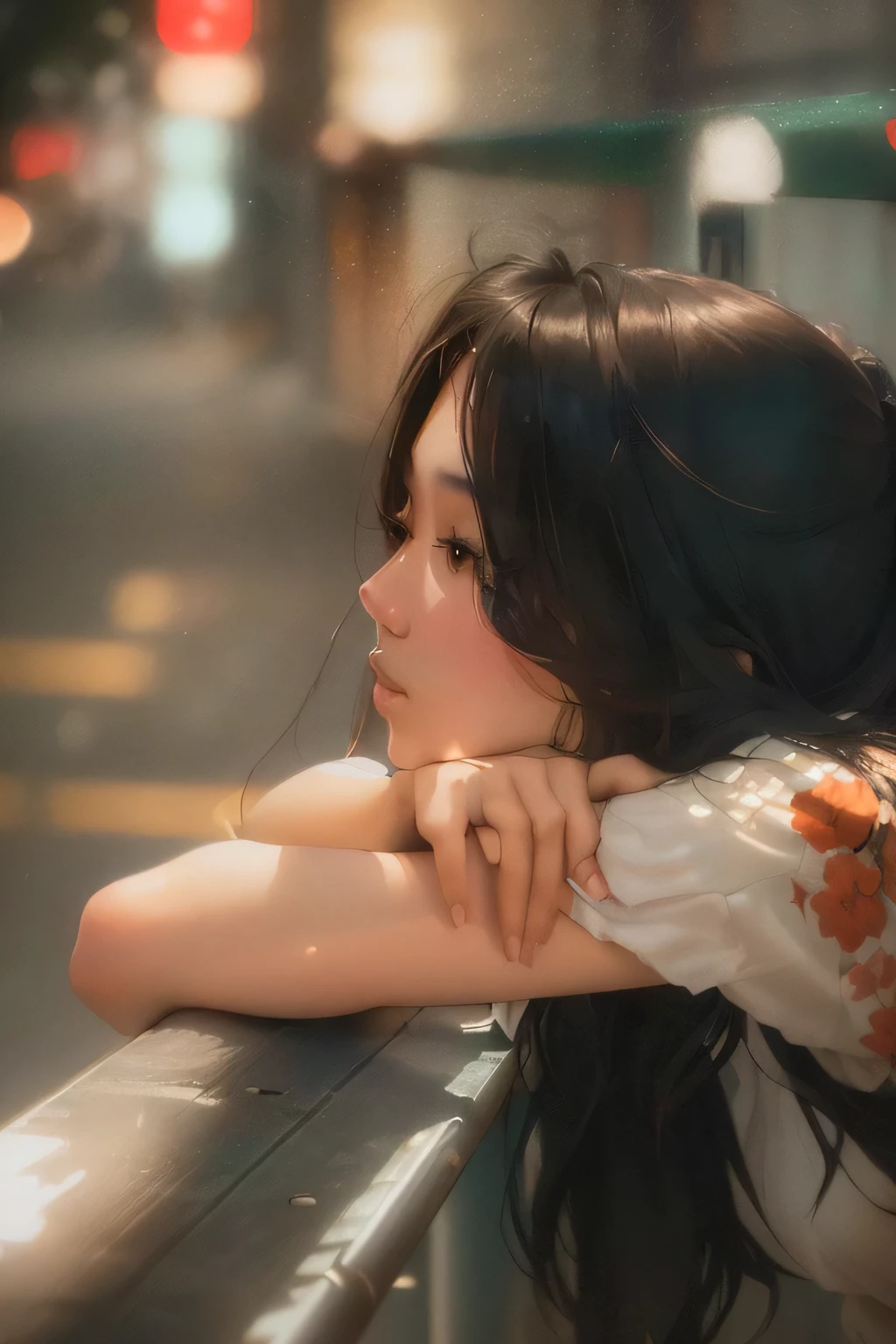 There is a woman leaning on the railing and looking out into the street., Close-up portrait film stills, Filmed on color film, A deep gaze looking to the side, A soft light from the side, young asian woman, Beautiful girl, Taken with Canon 35mm lens, realistic. Cheng Yi, asian girl, high quality film stills, Thoughtful pose