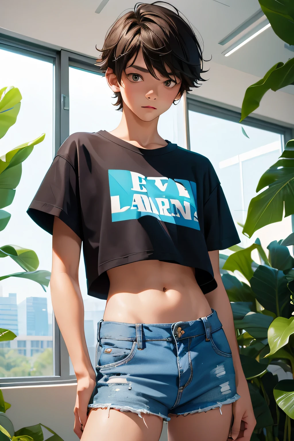 Teen boy-model 14 years old, boy wears a crop shirt and too very short mini shorts, beautiful legs, hot summer, highest quality,