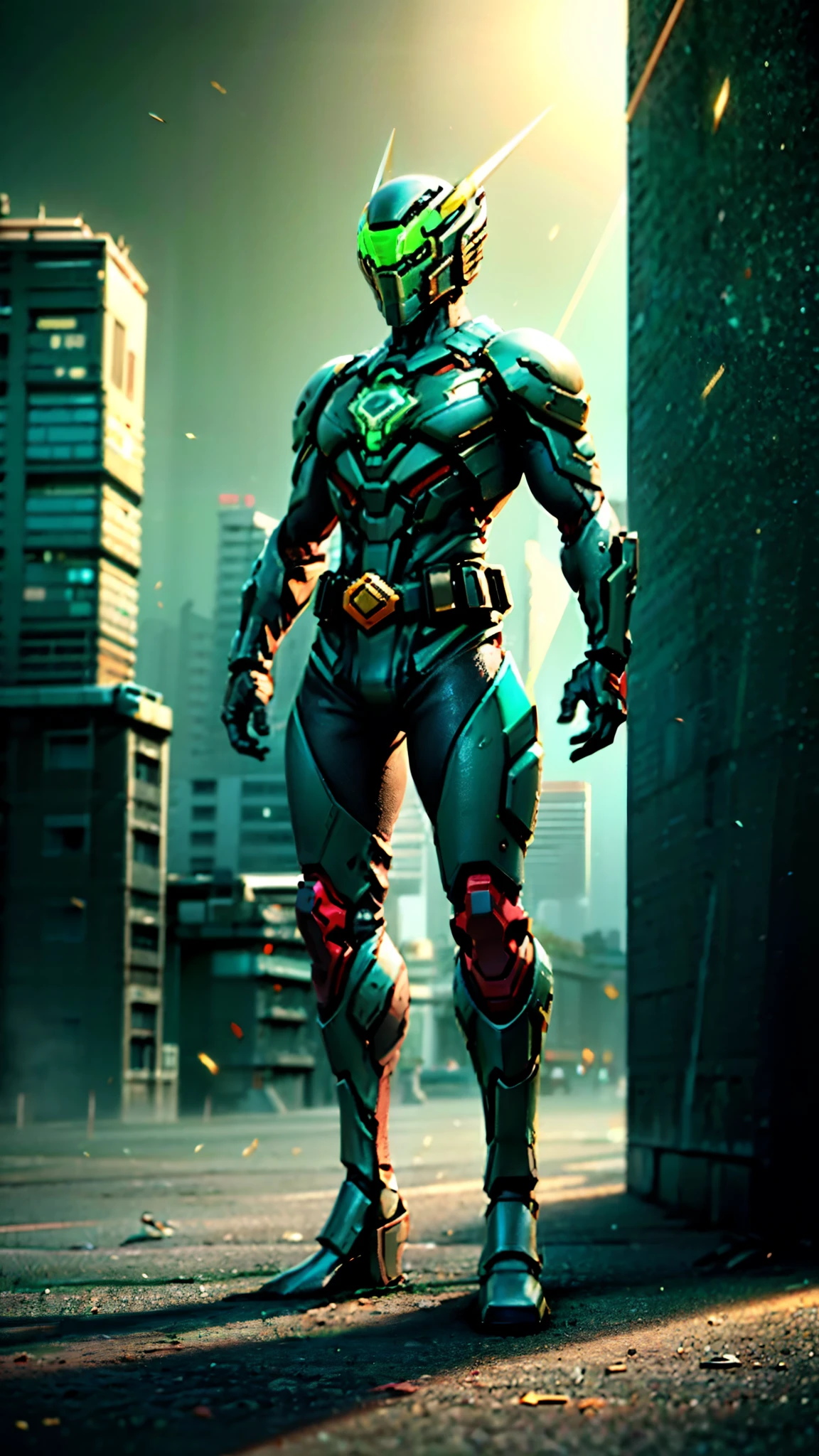 A man wearing a full-face helmet, a fantasy-style biotech armored combat suit, green eyes, (a composite layered chest armor), fully enclosed shoulder guards, matching arm and leg guards, the belt is adorned with exhaust pipes, (the color scheme is primarily white with red and green accents), the design balances heavy with agility, a high-tech bio-mecha armor, (Armor Concept Inspired by Cyberpunk motorcycle, stand on the top of a skyscraper in a futuristic sci-fi city), this character embodies a finely crafted fantasy-surreal style armored hero in anime style, exquisite and mature manga art style, (battle damage, element, plasma, energy, the armor glows), ((male:1.5)), metallic, real texture material, dramatic, high definition, best quality, highres, ultra-detailed, ultra-fine painting, extremely delicate, professional, perfect body proportions, golden ratio, anatomically correct, symmetrical face, extremely detailed eyes and face, high quality eyes, creativity, RAW photo, UHD, 32k, Natural light, cinematic lighting, masterpiece-anatomy-perfect, masterpiece:1.5