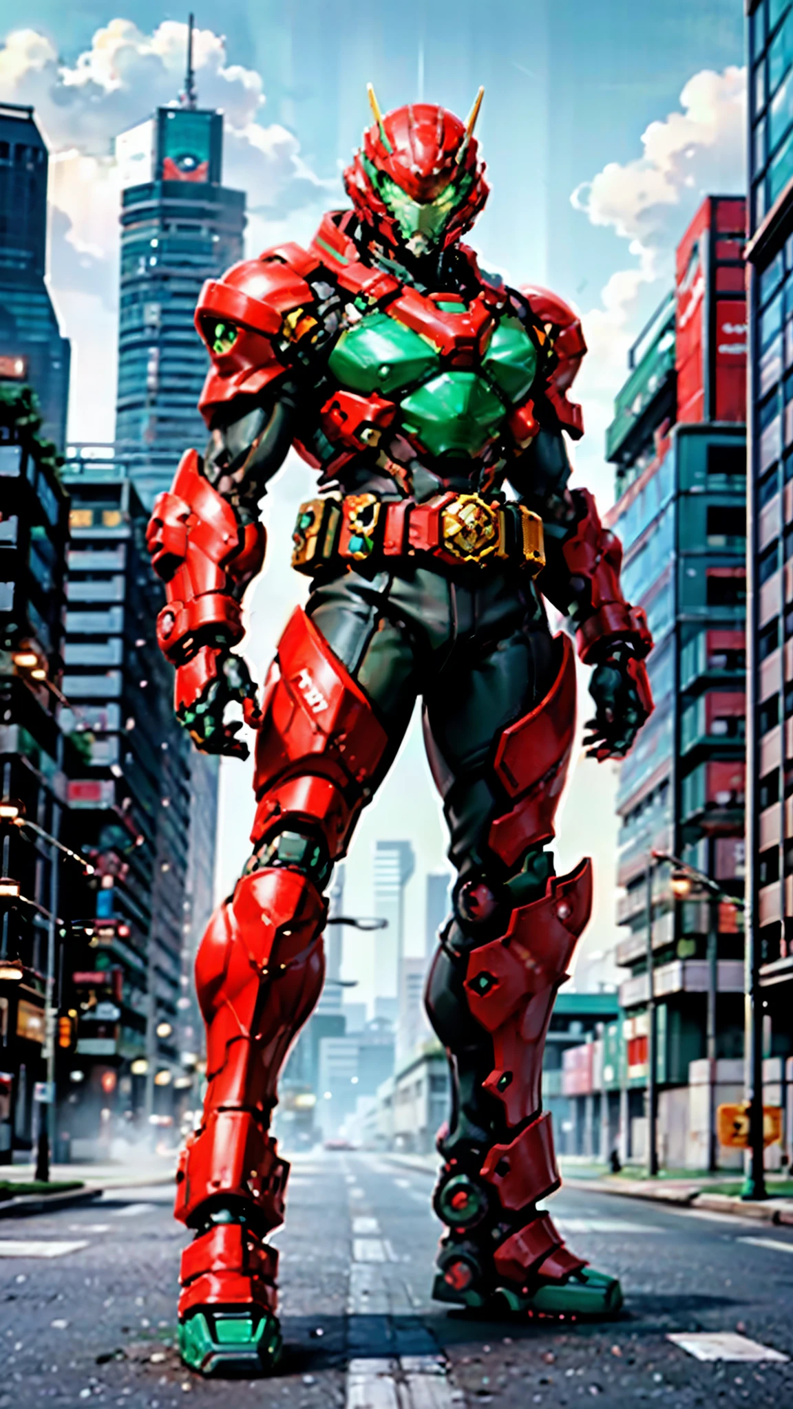 A man wearing a full-face helmet, a fantasy-style biotech armored combat suit, green eyes, (a composite layered chest armor), fully enclosed shoulder guards, matching arm and leg guards, the belt is adorned with exhaust pipes, (the color scheme is primarily white with red and green accents), the design balances heavy with agility, a high-tech bio-mecha armor, (Armor Concept Inspired by Cyberpunk motorcycle, stand on the top of a skyscraper in a futuristic sci-fi city), this character embodies a finely crafted fantasy-surreal style armored hero in anime style, exquisite and mature manga art style, (battle damage, element, plasma, energy, the armor glows), ((male:1.5)), metallic, real texture material, dramatic, high definition, best quality, highres, ultra-detailed, ultra-fine painting, extremely delicate, professional, perfect body proportions, golden ratio, anatomically correct, symmetrical face, extremely detailed eyes and face, high quality eyes, creativity, RAW photo, UHD, 32k, Natural light, cinematic lighting, masterpiece-anatomy-perfect, masterpiece:1.5