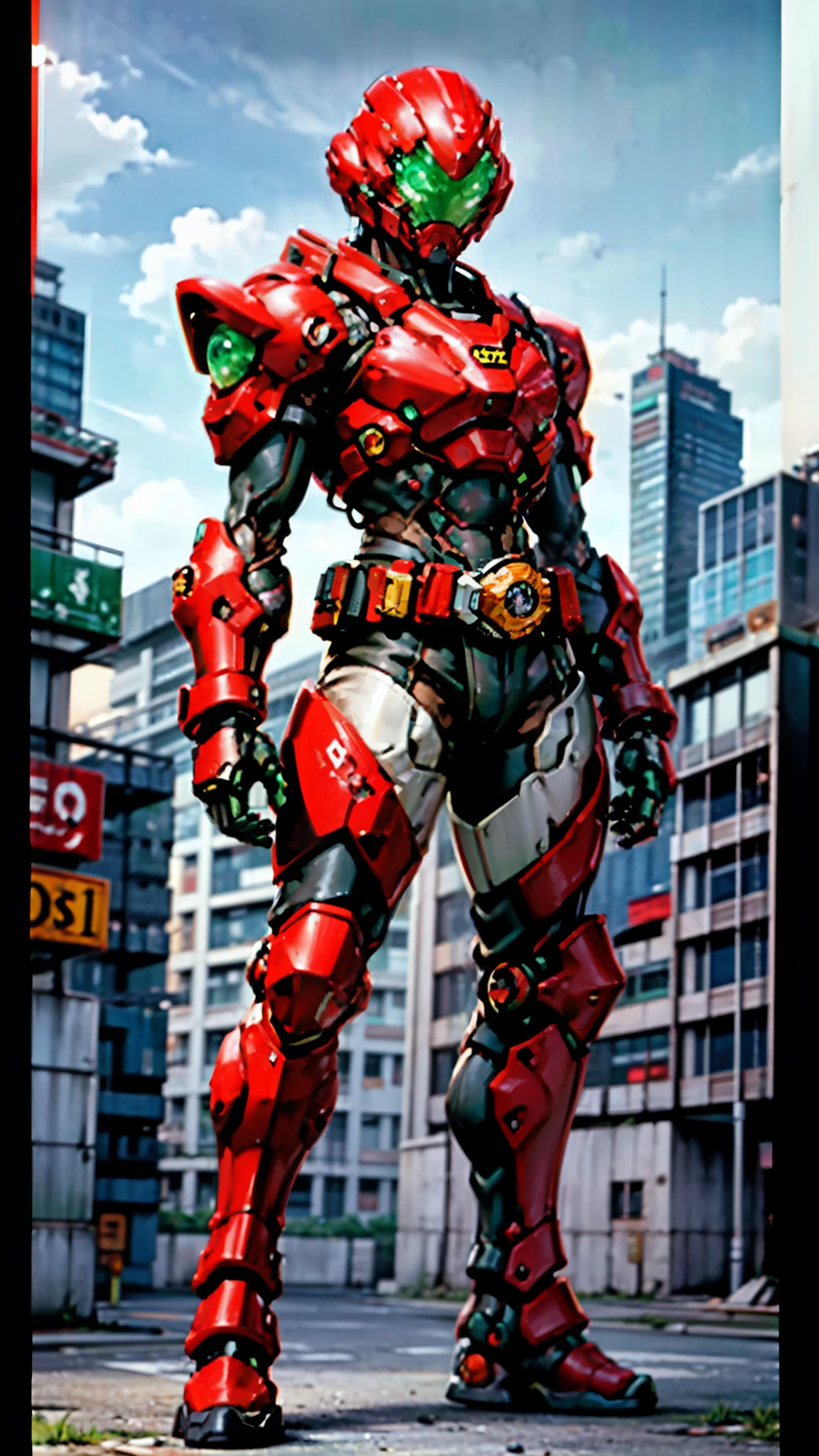 A man wearing a full-face helmet, a fantasy-style biotech armored combat suit, green eyes, (a composite layered chest armor), fully enclosed shoulder guards, matching arm and leg guards, the belt is adorned with exhaust pipes, (the color scheme is primarily white with red and green accents), the design balances heavy with agility, a high-tech bio-mecha armor, (Armor Concept Inspired by Cyberpunk motorcycle, stand on the top of a skyscraper in a futuristic sci-fi city), this character embodies a finely crafted fantasy-surreal style armored hero in anime style, exquisite and mature manga art style, (battle damage, element, plasma, energy, the armor glows), ((male:1.5)), metallic, real texture material, dramatic, high definition, best quality, highres, ultra-detailed, ultra-fine painting, extremely delicate, professional, perfect body proportions, golden ratio, anatomically correct, symmetrical face, extremely detailed eyes and face, high quality eyes, creativity, RAW photo, UHD, 32k, Natural light, cinematic lighting, masterpiece-anatomy-perfect, masterpiece:1.5