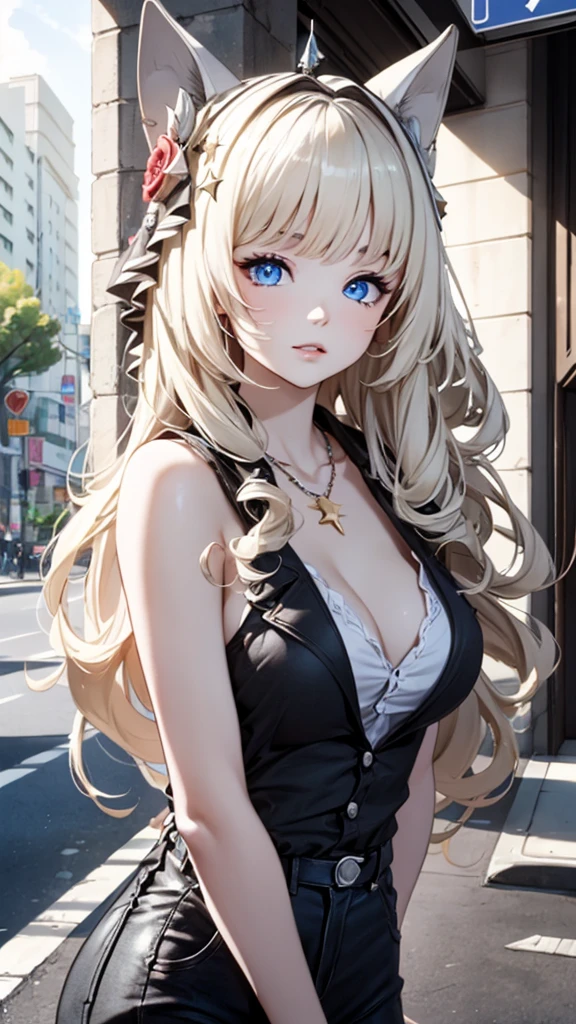 (masterpiece, 最好of品質, Extremely detailed, High resolution, absurd, best ilRoomnation, Fine details, bloom, 脸上of灯光, Optimal lighting, Fine detailsed beautiful eyes, 閃亮of頭髮 , Perfect face, skin shiny), permanent, 戶外of, depth_of_site, sunlight, daytime, whole body, Dutch_angle, street,, Room_complain, Hair accessories, Black necklace, Star necklace