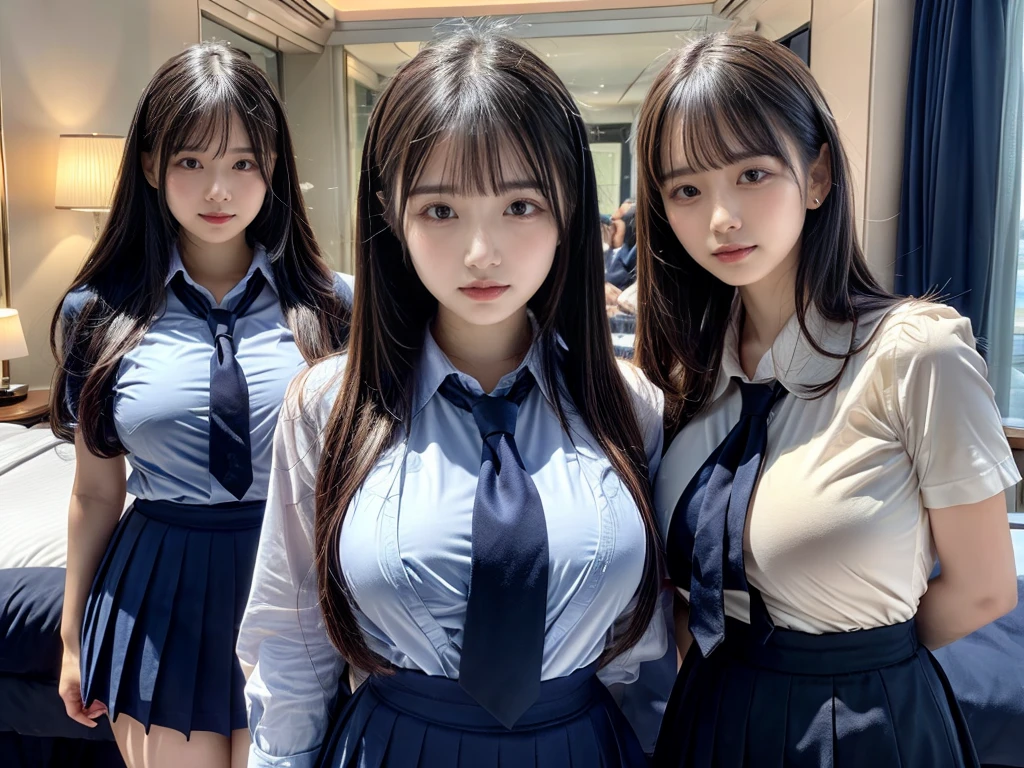 (8K, Raw photography, top-quality, masterpiece:1.2), ((3 beatiful girls))、.(Realistic Skins 1.4)、(((female high-school student、School Uniforms、)))、{{(The background is a luxury hotel room}}((School Uniforms、white Cutter shirt、darkblue pleatedskirt))、((long hair))、((One has short hair)),(A dark-haired、The forehead is hidden by bangs、)、Black eyes、shinny skin.Beautiful delicate face、Beautiful delicate eyes、{Voluptuous body shape、Thicker thighs}、One piercing in each ear,((large breasts)), ((navy blue tie)) ,looking at camera, ((close up))