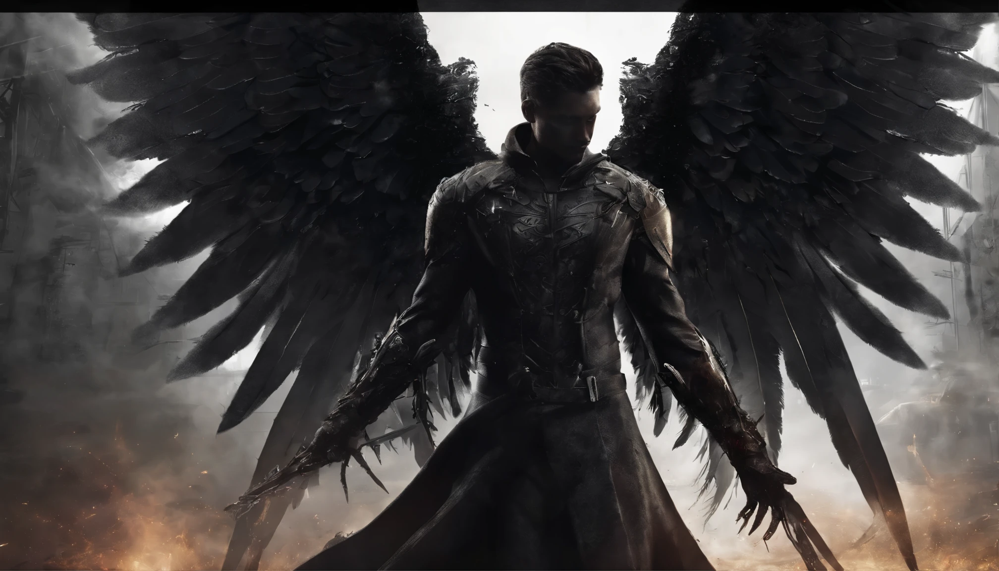Fallen male Angel, front view, dark oiled dirty body, face to viewer, fire, inferno, sparks, industrial wings, Biomechanical, eerie, Dream-like, Very dark colors, Light particles, with light glowing, Lucifer, wallpaper art, UHD wallpaper, fire sparks,