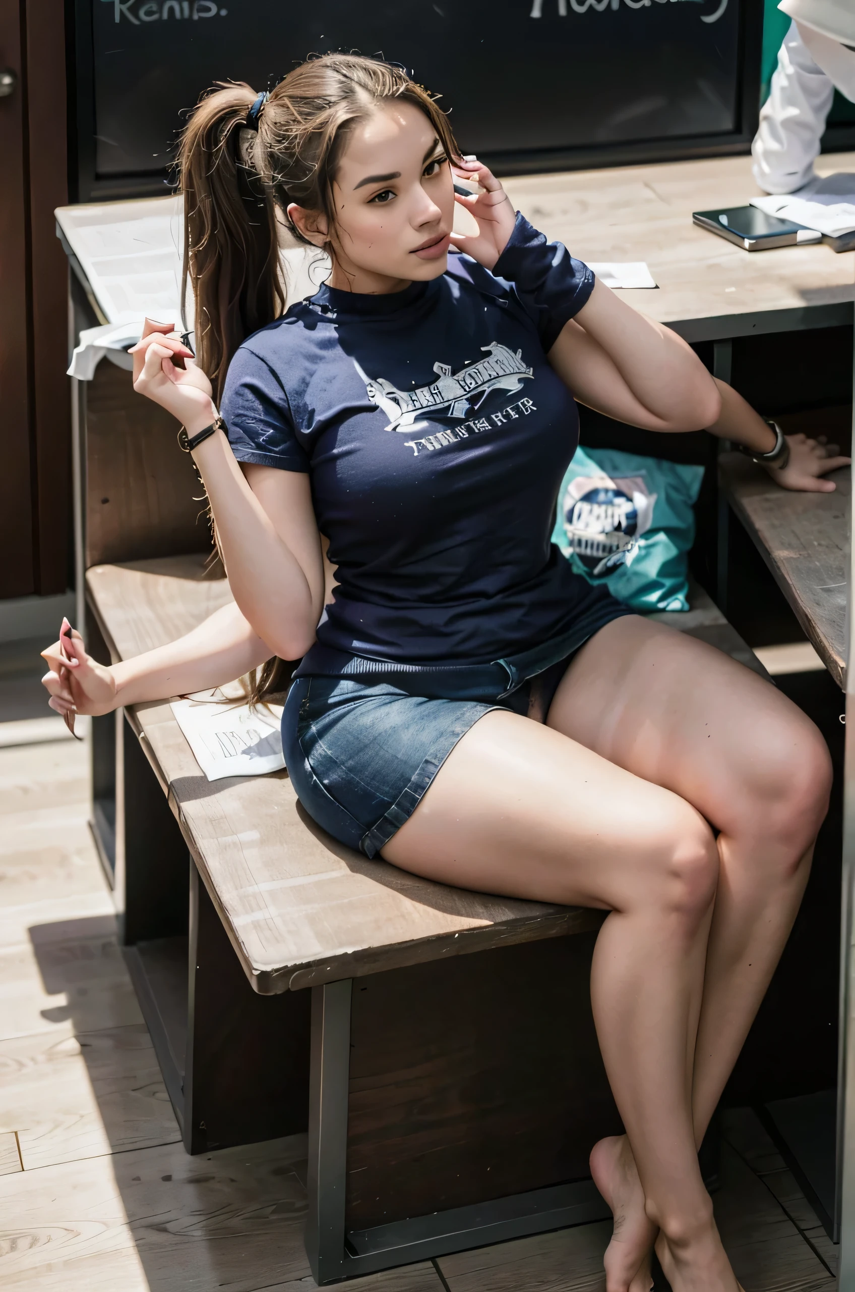 young female student, age 17, Irish, very light brown hair in a ponytail, slightly curvy, student attire, sitting in class, four arms, three legs,