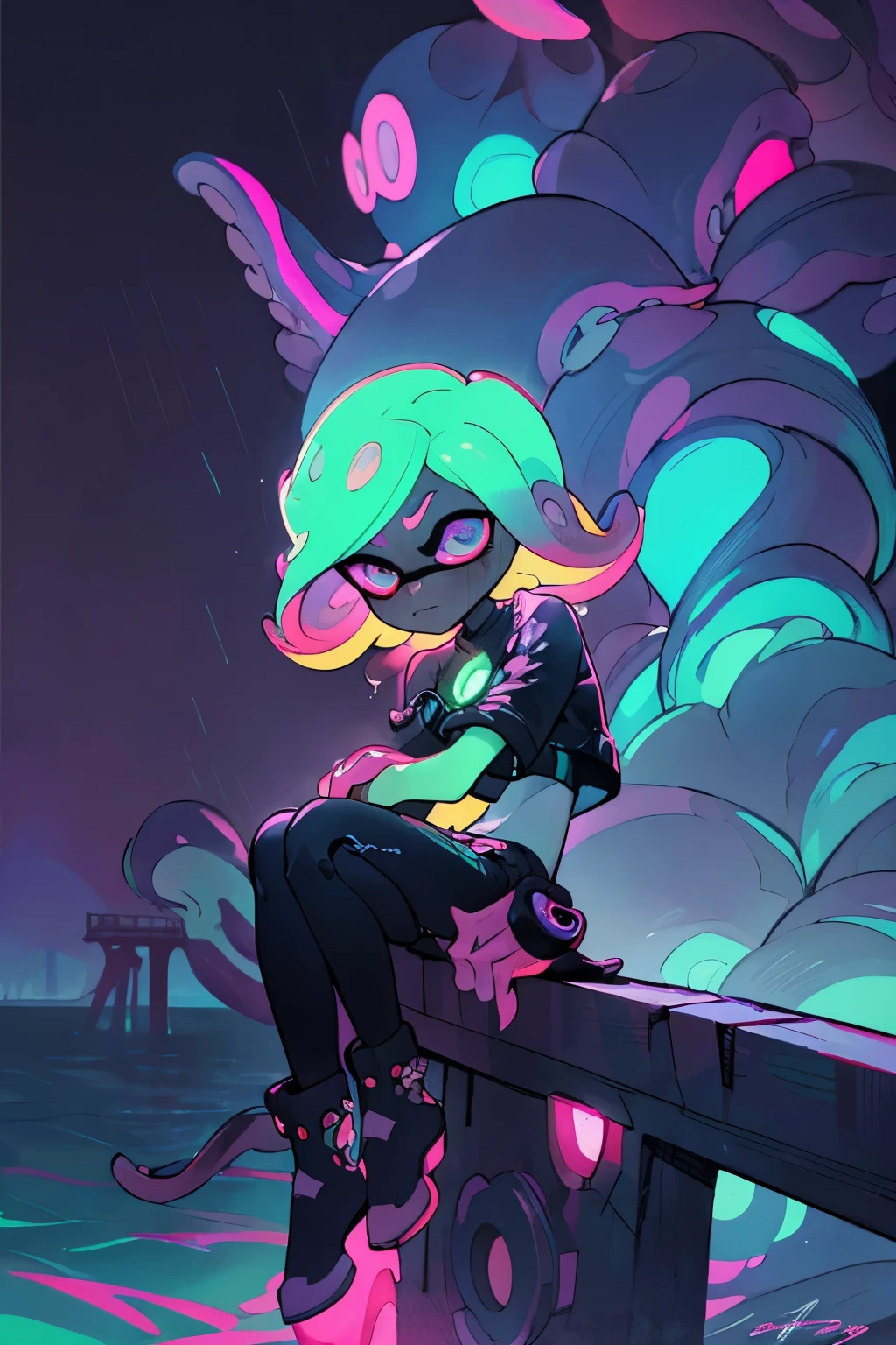 Under the vibrant neon lights of Inkopolis, an Octoling octopus is depicted in a splatoon-style painting, weeping. The Octoling, adorned in its signature gear, is seen sitting on the edge of a pier, overlooking the glittering ink-filled ocean. The tears rolling down its sleek, synthetic cheeks create ripples in the artwork, a contrast to the static surroundings. Its emotional state is emphasized by its expressions, with its eyes wide and brimming with sorrow. The background is simple yet dramatic, showcasing a twilight sky filled with stars and a glimmer of a distant moon. The painting, executed in high resolution and 