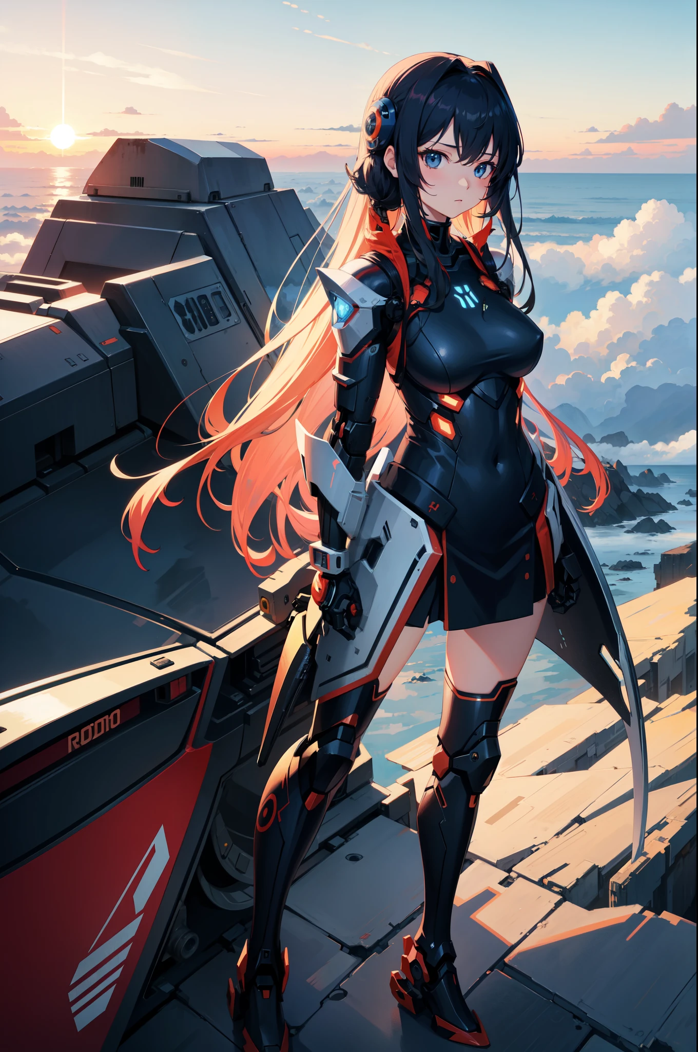 anime girl, cyber ronin, mecha, long hair, cool, sea of clouds, sunset, absurdly detailed, 8k, beautiful, high quality, wallpaper,