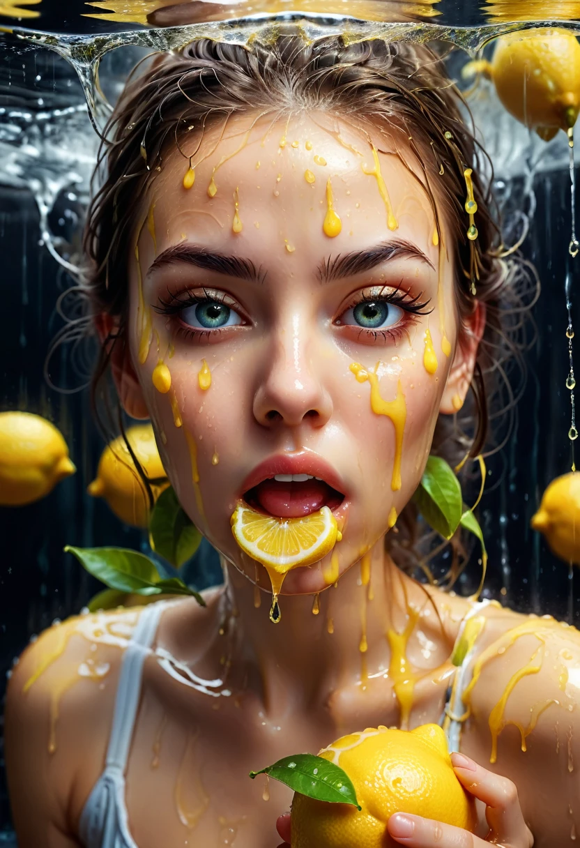 lemon eating challenge, realistic, photorealistic, 1girl, beautiful detailed eyes, beautiful detailed lips, extremely detailed face and features, long eyelashes, closeup, looking at camera, holding lemon, lemon in mouth, dripping lemon juice, wet skin, water splashes, detailed facial expression, dynamic pose, natural lighting, vibrant colors, cinematic, award winning photograph, SFW