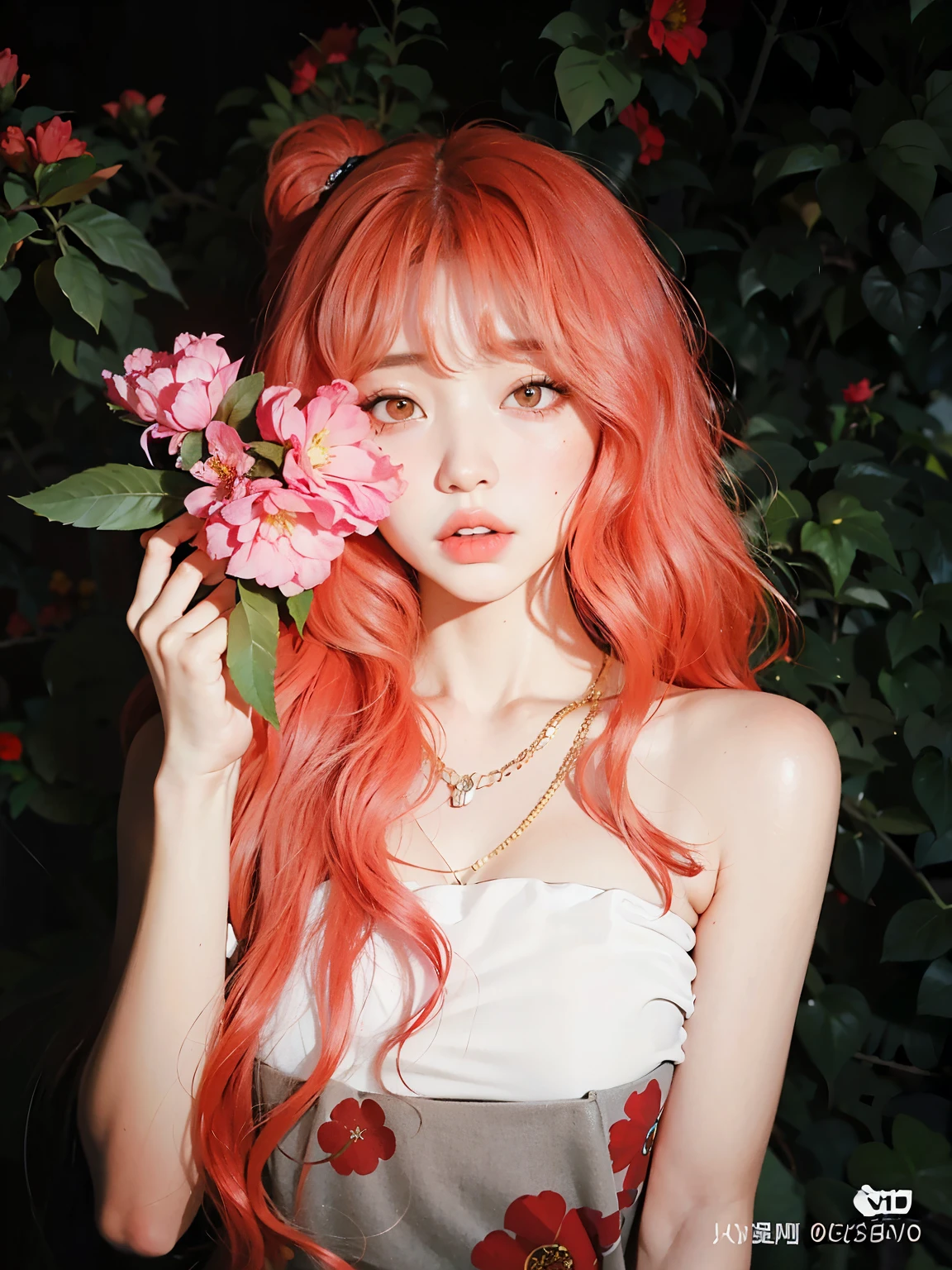 Mujer arafed con cabello rojo sosteniendo una flor rosa frente a su cara., ulzzang, ella tiene el pelo largo y renaranjado, con el pelo largo y rojo, con cabello rosado, cabello rosado, pale red, pelo liso rosa, Lalisa Manoban de Blackpink, coral brown hair, pelo largo y rosa que fluye, kim doyoung, Estilo de color rosa y rojo
