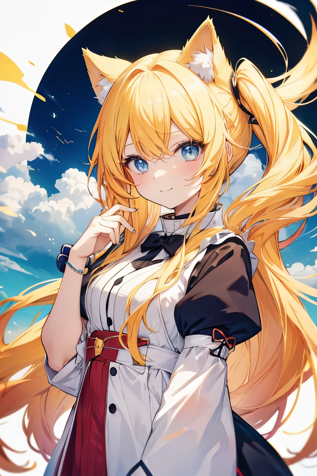 Anime cat girl with long yellow hair and blue eyes smiles cutely.
