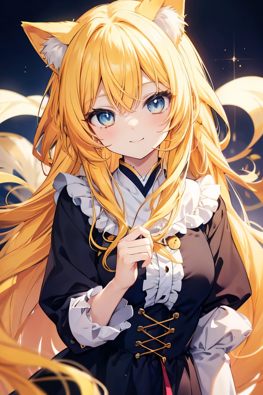 Anime cat girl with long yellow hair and blue eyes smiles cutely.