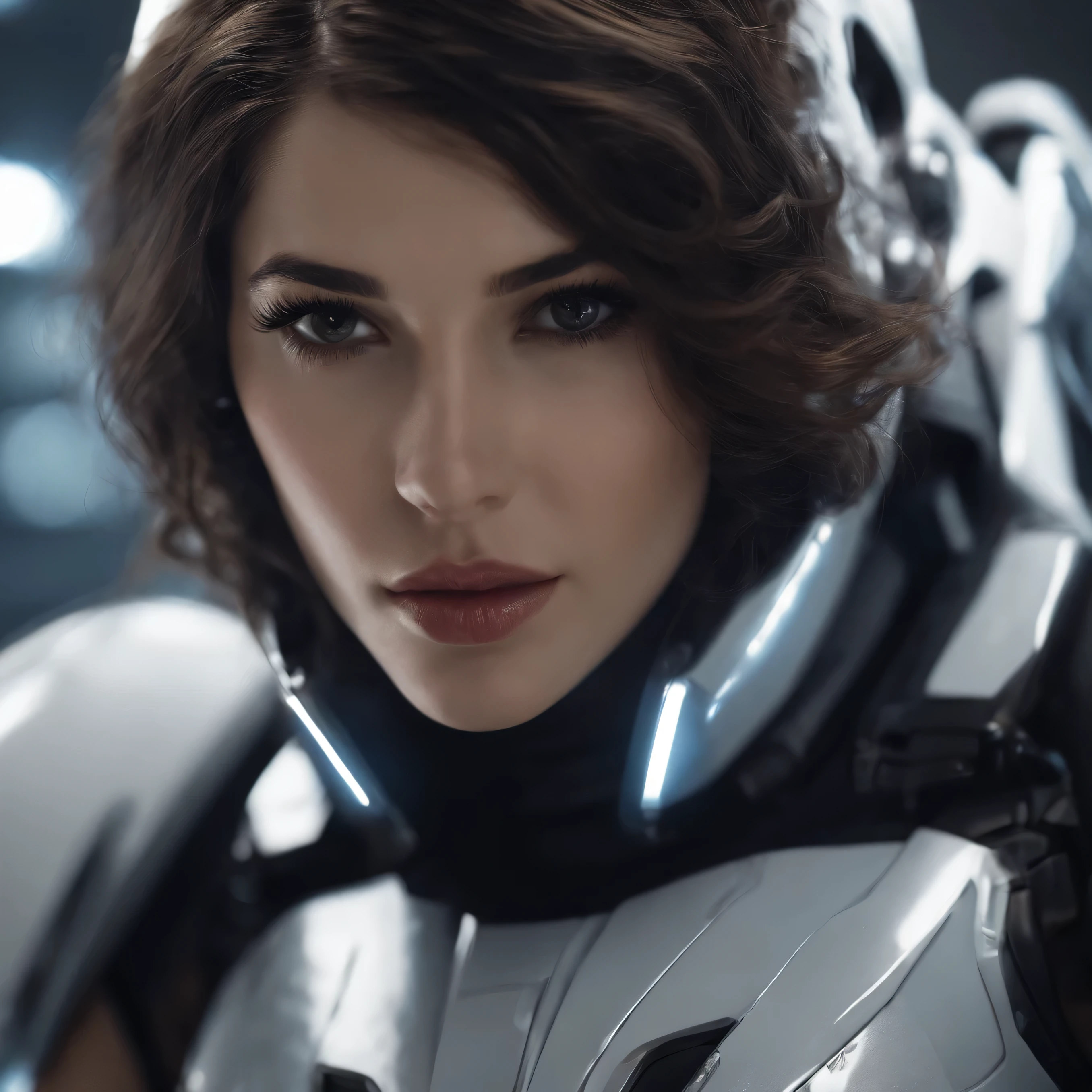 masterpiece, best quality, ultra realistic, hyper-detailed, 8k resolution, RAW photo, sharp focus, (1girl), solo, gorgeous face, perfect body, mature female, 25yo, portrait, mecha, white armor, nanosuit, sexy, messy hair, cinematic, cinematic light, dark theme