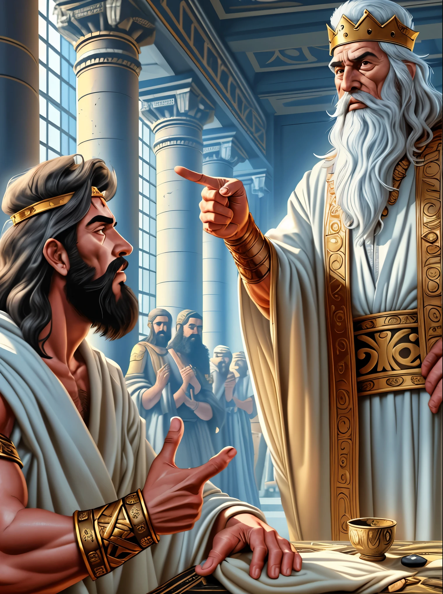 biblical king being reprimanded by a man in a white robe talking to King David ofBiblical man serious expression in white robe pointing finger talking to King David with black beard in Palace 1000 BC painting style 3D image comic digital art black beard in the Palace 1,000 BC style painting image 3D comic digital art