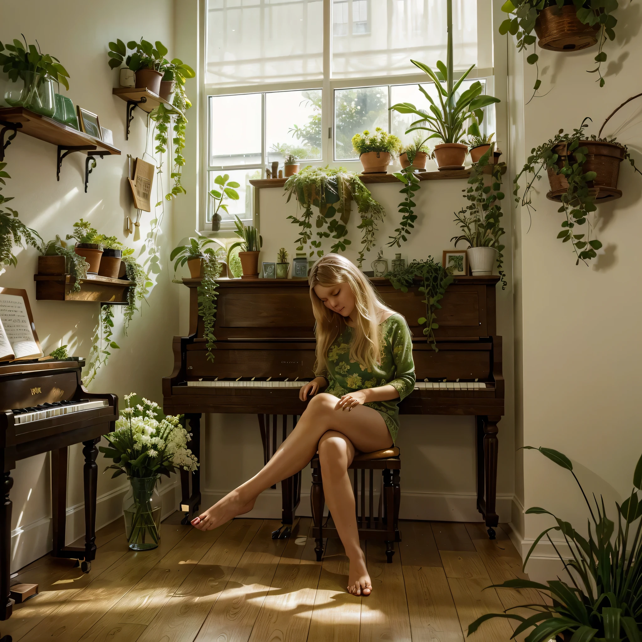 A room full of green flowers and plants with glass walls and a brown wooden piano in the middle of the picture and a girl with blonde hair putting her foot on the piano keys and painting her nails. It is his own foot