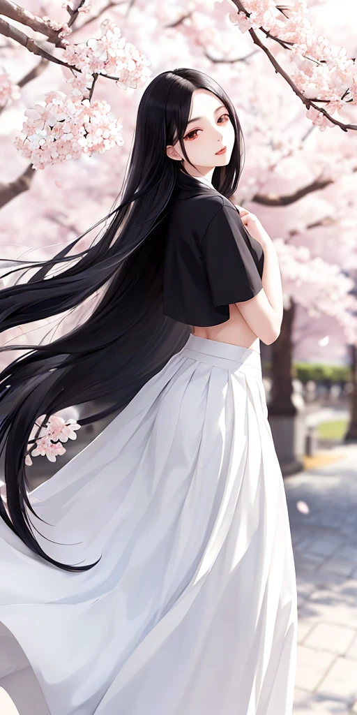 a beautiful young woman，long black hair，White long skirt，Cherry blossoms，