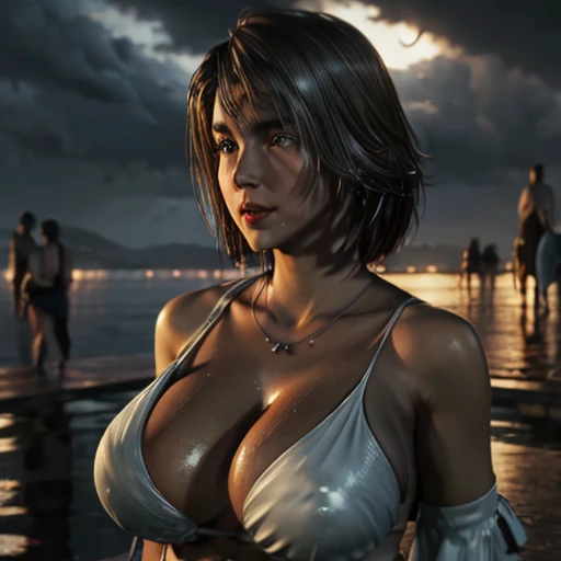 ((Big breasts: 1.3)), dark night, gloss, lips, beautiful morning, at golden hour, dark and stormy sky, studio lighting, detailed, realistic, 4k, perfect composition, beautiful, detailed, insanely detailed, octane render, wet skin, moonbeams, 8K, at pond